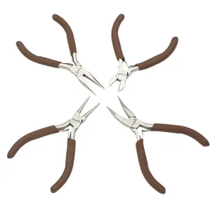 Professional 4-piece jewelry plier set with brown non-slip handles for DIY crafting