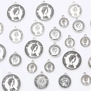 Vintage silver alloy coin pendants with Queen Elizabeth II relief for DIY jewelry making