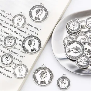 Vintage silver alloy Queen Elizabeth II coin charms for DIY jewelry making and crafts