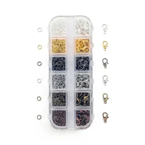Kit d'apprêts de bijoux 12 grilles avec anneaux et fermoirs homard en 6 couleurs
