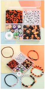 Macro detail of Halloween DIY jewelry kit with pumpkin beads and letter beads in 4-grid box