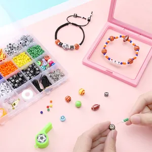 Detail of sports-themed DIY bead kit with soccer, basketball beads and colorful letters