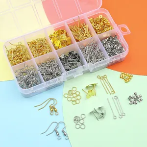 DIY jewelry making kit with ear hooks and open rings in a 10-grid plastic storage box