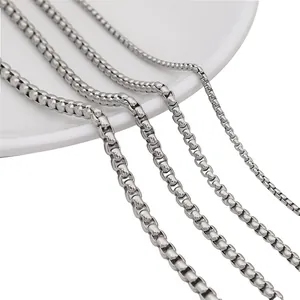 Polished stainless steel square box chains in four varied thicknesses for jewelry making