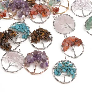 Handmade Tree of Life crystal stone pendants with metal frames in various colors