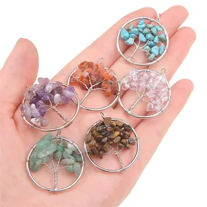 Handmade life of tree pendants with natural crystal stones and silver wire wrapping