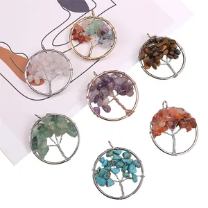 Handmade tree of life wire wrapped pendants with natural crystal stone beads