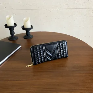 Women Long PU Leather Wallet Fashion V-Shape Quilting Stitching Zipper Clutch Purse Multi-Slots For Card Cash Phone