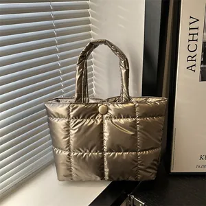 Sac Cabas Matelassé Grande Capacité Effet Métallique Brillant Pour Femme Mode Navettage Sac à Main Quotidien Sac Sous Le Bras