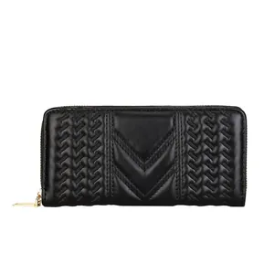 Classic black long zipper wallet for women featuring stylish V-quilted and woven texture