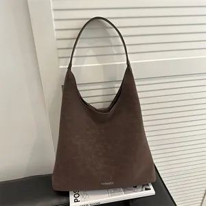 Sac Tote Vintage Dépoli pour Femmes Grande Capacité Texture Suède Sac à Épaule Moderne Simple Bureau Trajet Sac Hobo Mode Lettre Impression Sac à Main