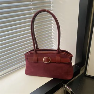 Sac à Épaule en Daim Vintage pour Femmes Grande Capacité Sac Cabas Couleur Unie Avec Boucle en Métal pour Bureau Mode