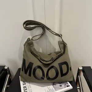 Borsa Tote in Tela da Donna Grande Capacità Stampa di Lettere MOOD Borsa a Tracolla Casual Scuola Viaggio Minimalista