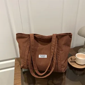 Dames Grote Capaciteit Corduroy Tote Bag Mode Gestreepte Schoudertas Met Ritssluiting Casual Dagelijks Woon-werkverkeer Handtas