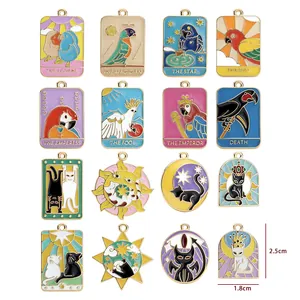 15pcs alloy tarot card charms featuring parrot and cat designs for DIY jewelry making