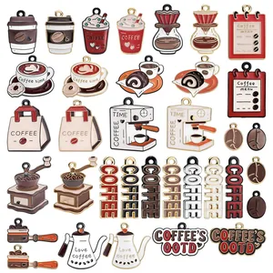 Vintage Coffee Theme Alloy Enamel Pendants Coffee Bean Machine Cup Menu Charms For DIY Jewelry Making Accessories