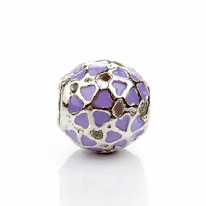 Exquisite silver-tone hollow charm with purple enamel heart patterns for DIY bracelets