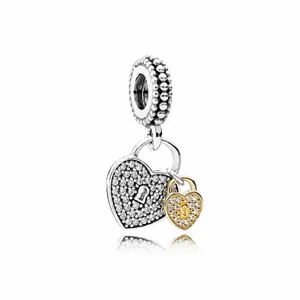 Two-tone silver and gold heart lock charm with sparkling cubic zirconia for bracelets