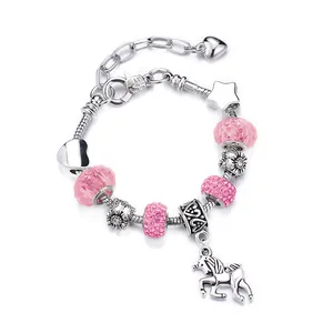 DIY charm bracelet with rainbow crystal beads and cute unicorn pendant on silver chain