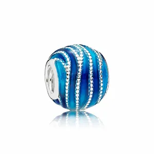 Blue enamel charm bead with silver wavy stripes and dots for DIY charm bracelets