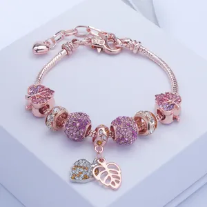 Roségold Schlangenarmband mit lila Kristallen und Blatt-Anhängern für Damen