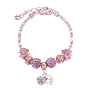 Roségold Charm Armband Rosa Lila Kristall Herz Hohl Blatt Anhänger Schlangenkette Für Damen Schmuck Geschenk