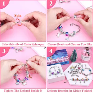 Detalle del kit de pulseras DIY para niñas con flores de cerezo y colgantes rosa