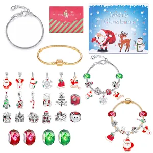 Christmas Advent Calendar DIY Bracelet Set Alloy Santa Claus Reindeer Charms Countdown Holiday Jewelry Gift For Girls Kids