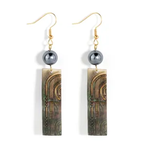 Boucles d'Oreilles Pendantes en Nacre Noire Naturelle Hawaïenne Forme Rectangle Gravée avec Crochets en Or pour Femme Bijoux Vintage