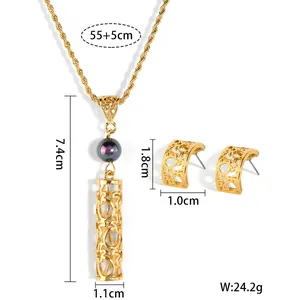 Détails de l'ensemble de bijoux évidés ananas avec dimensions et perle de nacre violette
