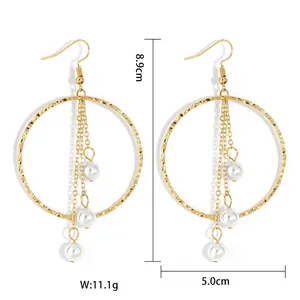 Elegant gold hoop earrings with layered tassels and green shell pearls, 8.9cm length