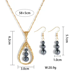 Detailweergave van de druppelparel sieradenset met afmetingen van ketting en oorbellen