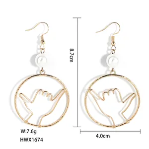 Hawaiian Shaka hand gesture earrings with white pearls and gold round frames
