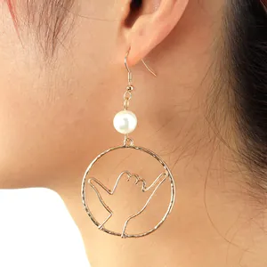 Hawaiian Shaka Hand Sign Drop Earrings Gold Plated Alloy Hollow Circle Earrings With Faux Pearl Beach Vacation Jewelry For Women