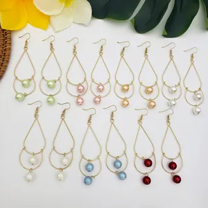 Fashionable double-layer pearl drop earrings with gold metal frame in multiple colors