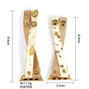 Detail view of leather apple watch band showing dimensions and lightweight 11.5g design