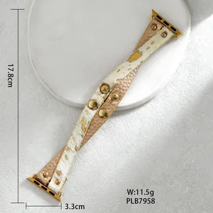 Slim genuine leather strap for Apple Watch with gold foil white fur and rivet details