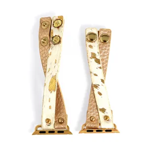 Slim dual-layer leather watch band for Apple Watch in gold and white splatter print