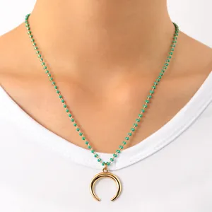 Collana Lunga Vintage in Lega Placcata Oro con Perline Verdi e Ciondolo a Mezzaluna Corno per Donna Gioielli Stile Boho
