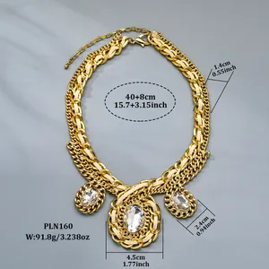 Chunky gold double-layer chain necklace with zircon pendants and woven strap detail