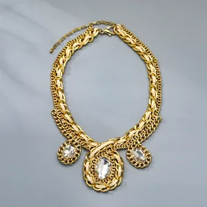 Double-layered chunky gold-plated chain necklace with zircon pendants and woven cord