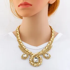 Double-layered gold-plated chunky chain necklace with clear zircon stone pendants