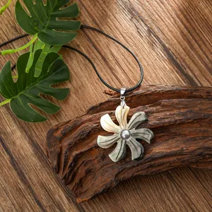 Hawaiian shell plumeria flower pendant necklace with black velvet cord for women