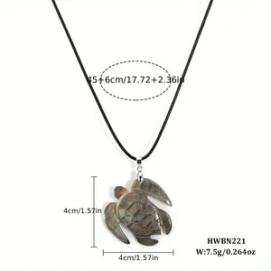 Detail view of shell turtle pendant with 45+6cm black cord necklace dimensions
