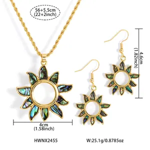 Detailed view of sunflower jewelry set with abalone shell inlay and size dimensions