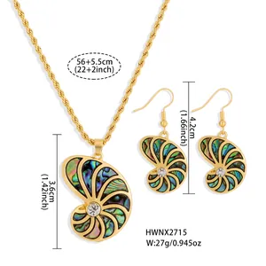 Detailed view of conch shell jewelry set with dimensions and colorful abalone inlays