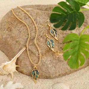 Detailed view of leaf-shaped gold plated necklace and earrings with abalone shell inlays