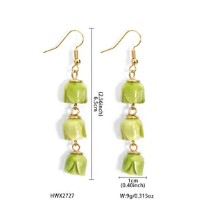 Handmade green tulip drop earrings with three flower buds and golden hooks, 6.5cm length