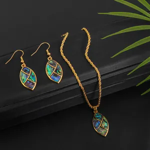 Detailed macro view of gold-plated sunflower jewelry set with colorful abalone shell inlay