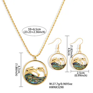 Detail of abalone shell dolphin jewelry set with necklace and earring dimensions